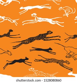 Seamless pattern of drawn running wild cats 