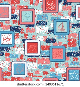 Seamless pattern. Drawn sea objects in frames and abstract elements. Multicolor.