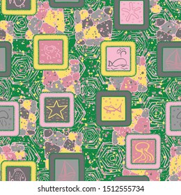 Seamless pattern. Drawn sea objects in frames and abstract elements. Multicolor.