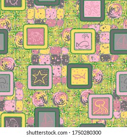 Seamless pattern. Drawn sea objects in frames and abstract elements. Multicolor.