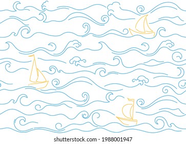 Seamless pattern with drawn sea waves in doodle style and sailboats.