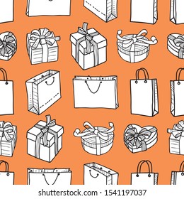 Seamless pattern of drawn shopping bags and gift boxes