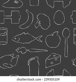 Seamless pattern with drawn silhouettes of healthy food, shaker and two dumbbells