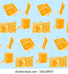 Seamless pattern drawn in the sketch of the life of man and the cat among the books