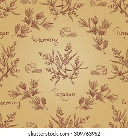 Seamless pattern drawn in sketch style with taragon, rosemary and cardamon on craft paper background.