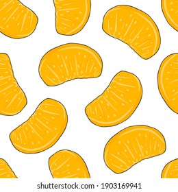 Seamless pattern of drawn slices of peeled ripe juicy orange or tangerine, arranged in a chaotic manner on a white background. Endless stylized vector background.