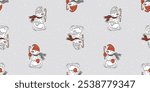 Seamless pattern of drawn small cheerful christmas snowman with candy cane, vector background, paper, wrapping, textile