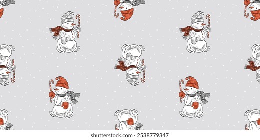 Padrão sem emenda de boneco de neve de Natal pequeno desenhado alegre com bengala de doces, fundo vetorial, papel, embalagem, têxtil