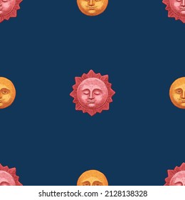 Seamless pattern of drawn smiling moon and sleeping sun in dark night