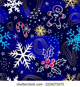 Seamless pattern of drawn snowflakes, caramel cane, holly berries, gingerbread man, spots. Christmas pattern on a dark blue background. Pattern for holiday and winter design. Vector illustration.