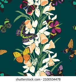 Seamless pattern of drawn spring daffodils and various flying butterflies