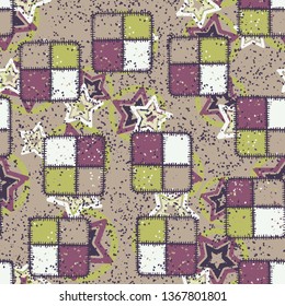 Seamless pattern. Drawn square check patches scattered over a multicolored background.