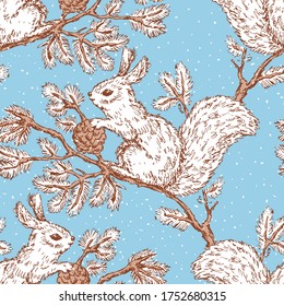 Seamless pattern of drawn squirrels with fir cones sitting on frozen spruce branches