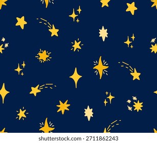 Seamless pattern with drawn stars in doodle style on a dark blue background, night starry sky pattern.