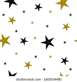 Seamless pattern with drawn stars. Vector Wallpaper Black and gold stars on a white background.