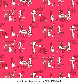 seamless pattern drawn in the style of the sketch scenes from the life of the woman, the choice of clothes, talking on the phone, watering plants, gathering trip