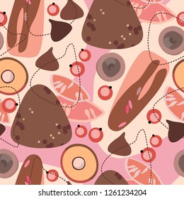 Seamless pattern with drawn sweet-stuff. Chocolate candies, caramel, slices of orange, red berries on a creamy background.