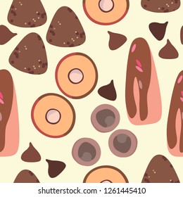 Seamless pattern with drawn sweet-stuff. Chocolate truffles, caramel candies and creamy sweets on a light background.