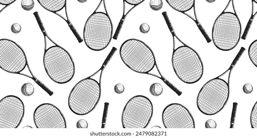 Patrón sin fisuras de raquetas y bolas de tenis dibujadas, fondo blanco y negro, Fondo de pantalla, papel, Ilustración vectorial