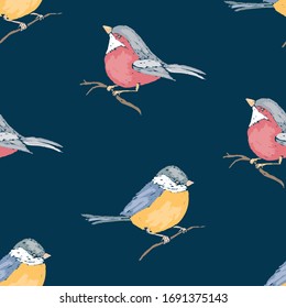 Seamless pattern of drawn titmouses and bullfinches