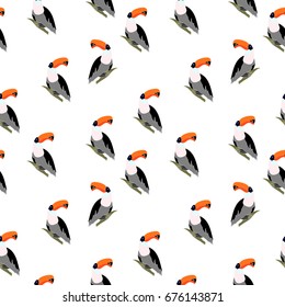 Seamless pattern with drawn toucan on white background.Toucan Toco. Vector illustration pattern of  exotic bird toucan.