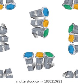 Patrón transparente de botes de basura dibujados con basura clasificada