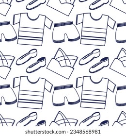 Seamless pattern drawn in vector. Sportswear: top, T-shirt, shorts. All elements are drawn in dark blue on the tablet. Suitable for printing on fabric, paper, decor and design.