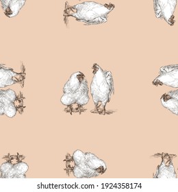 Seamless pattern of drawn white cocks and hens