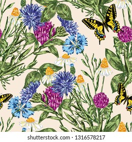 Seamless pattern of drawn wildflowers