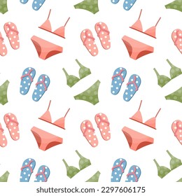 Patrón sin inconvenientes, traza la ropa de baño bikini de las mujeres y chancletas sobre un fondo blanco. Antecedentes de viaje, impresión, vector