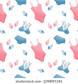 Patrón sin inconvenientes, traza la ropa de baño bikini de las mujeres y conchas en un fondo blanco. Antecedentes de viaje, impresión, vector