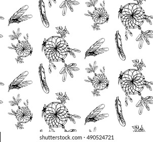 seamless pattern dream catcher and bird feather. vector illustration. 