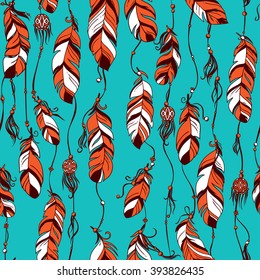 Seamless pattern with  dream catcher feathers. 
