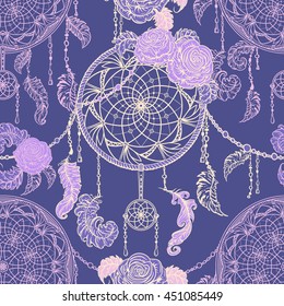 Seamless pattern with dream catcher, roses, leaves and feathers. Colorful hand drawn vector illustration in boho style. Design concept for retro banner, card, scrap booking, t-shirt, print, poster. svg