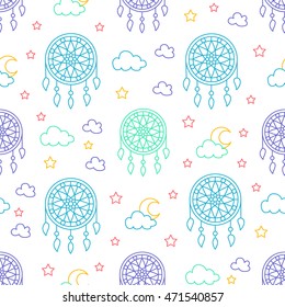 Seamless pattern with dream catchers. Elements - dreamcatcher, star, moon. Vector illustration. Cute repeated texture with dream catchers for packaging, book, textile. Wrapping paper design.