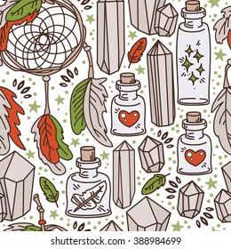 Seamless pattern with dream catchers and glass flasks, tribal magical ornament, vector illustration