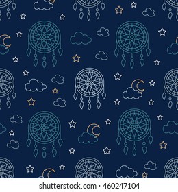 Seamless pattern with dream catchers, stars, moon. Vector illustration, cute repeated texture for packaging, book, textile. Wrapping paper design.