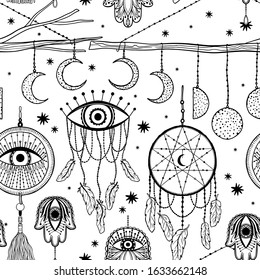 Seamless pattern dream catcher.Vintage bohemian drawing style.Vector illustration.