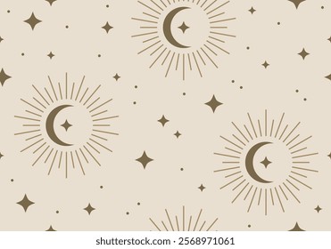 Seamless pattern with dream design stars, moon. Golden Celestial Pattern. Seamless pattern with crescent moons and stars. Trendy modern vector illustration. Cute hand drawn flat design