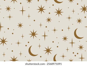 Seamless pattern with dream design stars, moon. Golden Celestial Pattern. Seamless pattern with crescent moons and stars. Trendy modern vector illustration. Cute hand drawn flat design