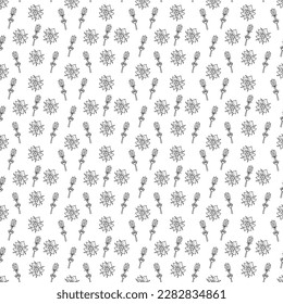 Seamless pattern with dream grass flower or pulsatilla2. Doodle black and white vector illustration.