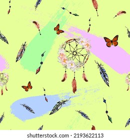 seamless pattern dreamcatcher, feathers, brush strokes, on a light olive background, suitable for wallpaper, paper, covers, lsd-60s, 70s