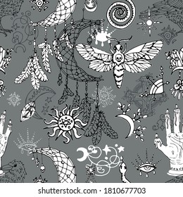 Seamless pattern with dreamcatcher, moth and astrology magic symbols.  Mystic background for Halloween, esoteric, gothic and occult concept