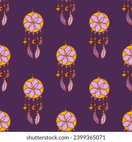 Seamless pattern with dreamcatcher with purple feathers, flower, yellow star and orange crescent. Protective amulet against insomnia and nightmares. Colorful vector illustration. Hand drawn doodle