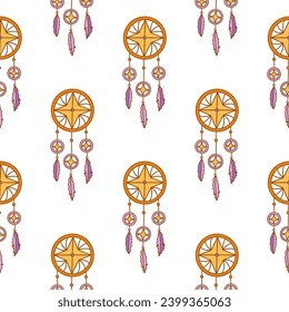 Seamless pattern with dreamcatcher with three purple feathers and yellow stars. Protective amulet against insomnia and nightmares. Colorful vector illustration, ethnic symbol. Hand drawn doodle