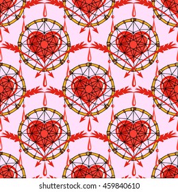 Seamless pattern with dreamcatchers, arrows and hearts. Hand drawn design in boho style for fashion, print, cloth, textile, fabric, material, paper.  Shamanism, religion, occultism.
