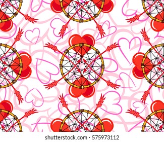 Seamless pattern with a dreamcatchers, arrows and hearts. Hand drawn design in boho style for fashion, print, cloth, textile, fabric, material, paper.  Shamanism, religion, occultism.
