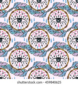 Seamless pattern with dreamcatchers, feathers and all seeing eyes. Hand drawn design in boho style for fashion, print, cloth, textile, fabric, material, paper.  Shamanism, religion, occultism.