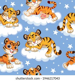 Seamless pattern with dreaming baby tigers at night on blue background. Vector illustration for party, print, baby shower, wallpaper, design, decor, bed linen,dishes, and kids apparel, packaging paper