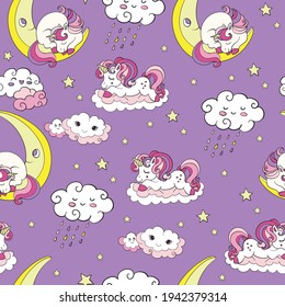 Seamless pattern with dreaming baby unicorns at night on purple background. Vector illustration for party, print, baby shower, wallpaper, design, decor, linen, dishes, bed linen and kids apparel